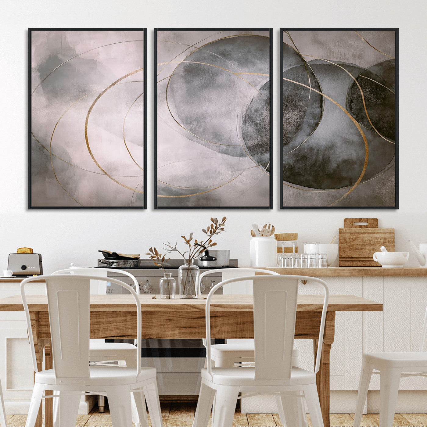 20066876-MGV-CV-36X24-Neutral Abstract Circle Wall Art – Modern Gray Beige Gold Canvas Print, Minimalist Geometric Painting for Bedroom, Living Room,
