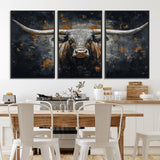 93195031-MGV-FC-60X30-3P_Black-Dark Longhorn Bull Wall Art – Western Steer Canvas Print, Moody Rustic Animal Painting for Man Cave, Ranch House, Office or Modern