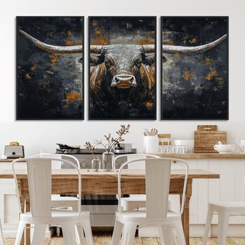 93195031-MGV-FC-60X30-3P_Black-Dark Longhorn Bull Wall Art – Western Steer Canvas Print, Moody Rustic Animal Painting for Man Cave, Ranch House, Office or Modern