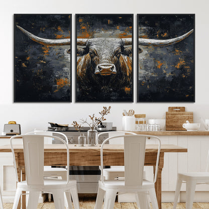 93195031-MGV-FC-60X30-3P_Black-Dark Longhorn Bull Wall Art – Western Steer Canvas Print, Moody Rustic Animal Painting for Man Cave, Ranch House, Office or Modern