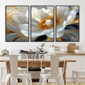 39604126-MGV-CV-36X24-Abstract Flower Wall Art – Elegant White and Gold Bloom Canvas Print, Modern Floral Artwork for Bedroom, Living Room, or Office