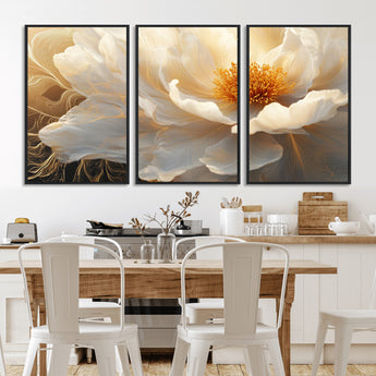 29539087-MGV-CV-36X24-Floral Wall Art – Elegant White and Gold Bloom Canvas Print, Romantic Modern Flower Artwork for Bedroom, Living Room, or Office