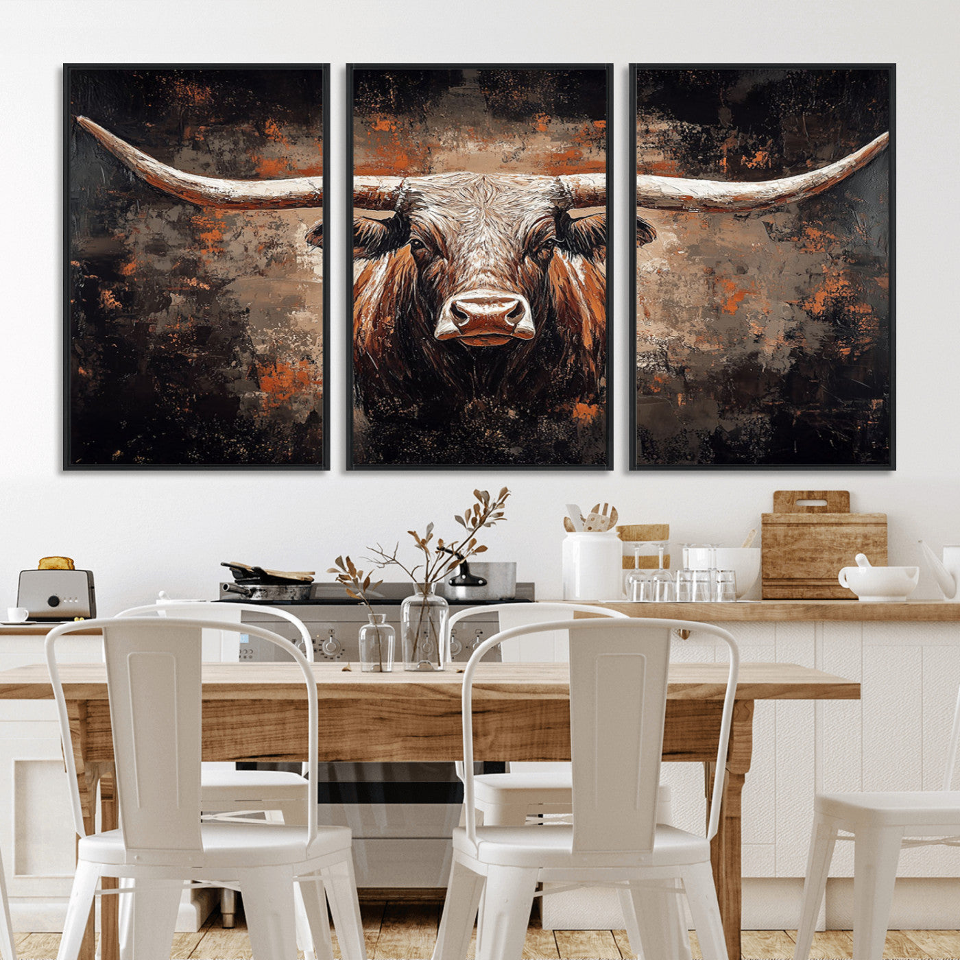 24779067-MGV-CV-36X24-Longhorn Bull Wall Art – Western Rustic Canvas Print, Bold Cowboy Cattle Painting for Ranch House, Farmhouse, Office, or Living