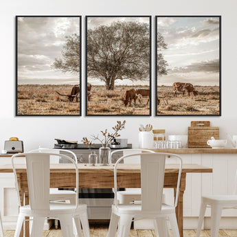87590224-MGV-CV-36X24-Longhorn Cattle Wall Art – Rustic Western Landscape Canvas Print, Texas Farmhouse Prairie Scene for Living Room, Office, or Ranch