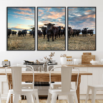 13867292-MGV-CV-36X24-Black Cattle Wall Art – Rustic Ranch Herd Canvas Print, Western Farmhouse Country Landscape Decor for Living Room, Office, or