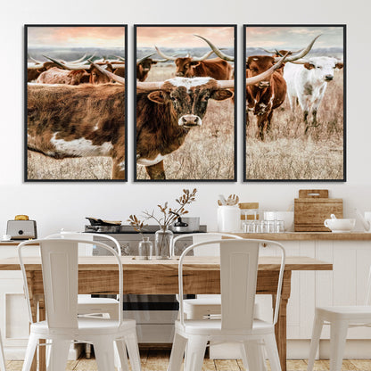 47758300-MGV-CV-36X24-Texas Longhorn Cattle Wall Art – Rustic Western Herd Canvas Print, Cowboy Ranch Farmhouse Decor for Living Room, Office, or