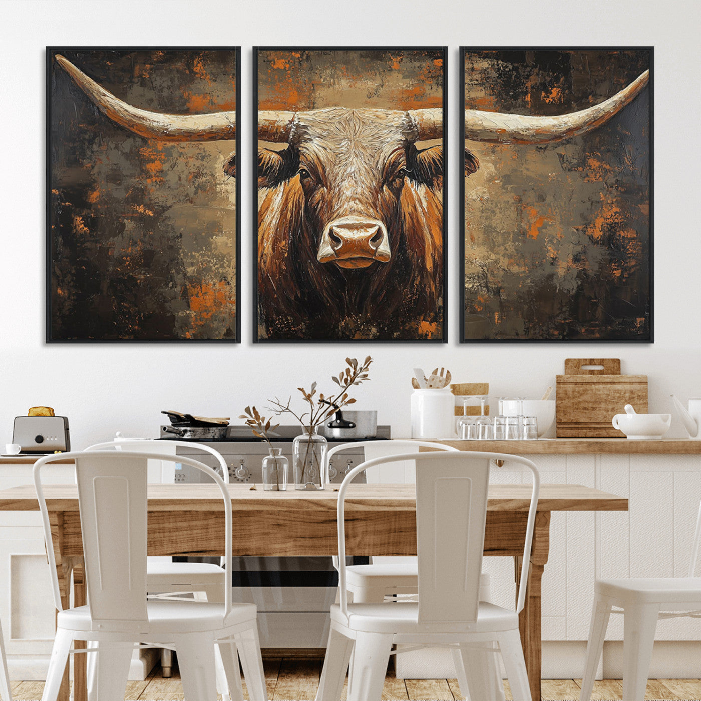 19204445-MGV-CV-36X24-Texas Longhorn Bull Wall Art – Rustic Western Canvas Print, Bold Cowboy Cattle Painting for Ranch House, Farmhouse, Office, or