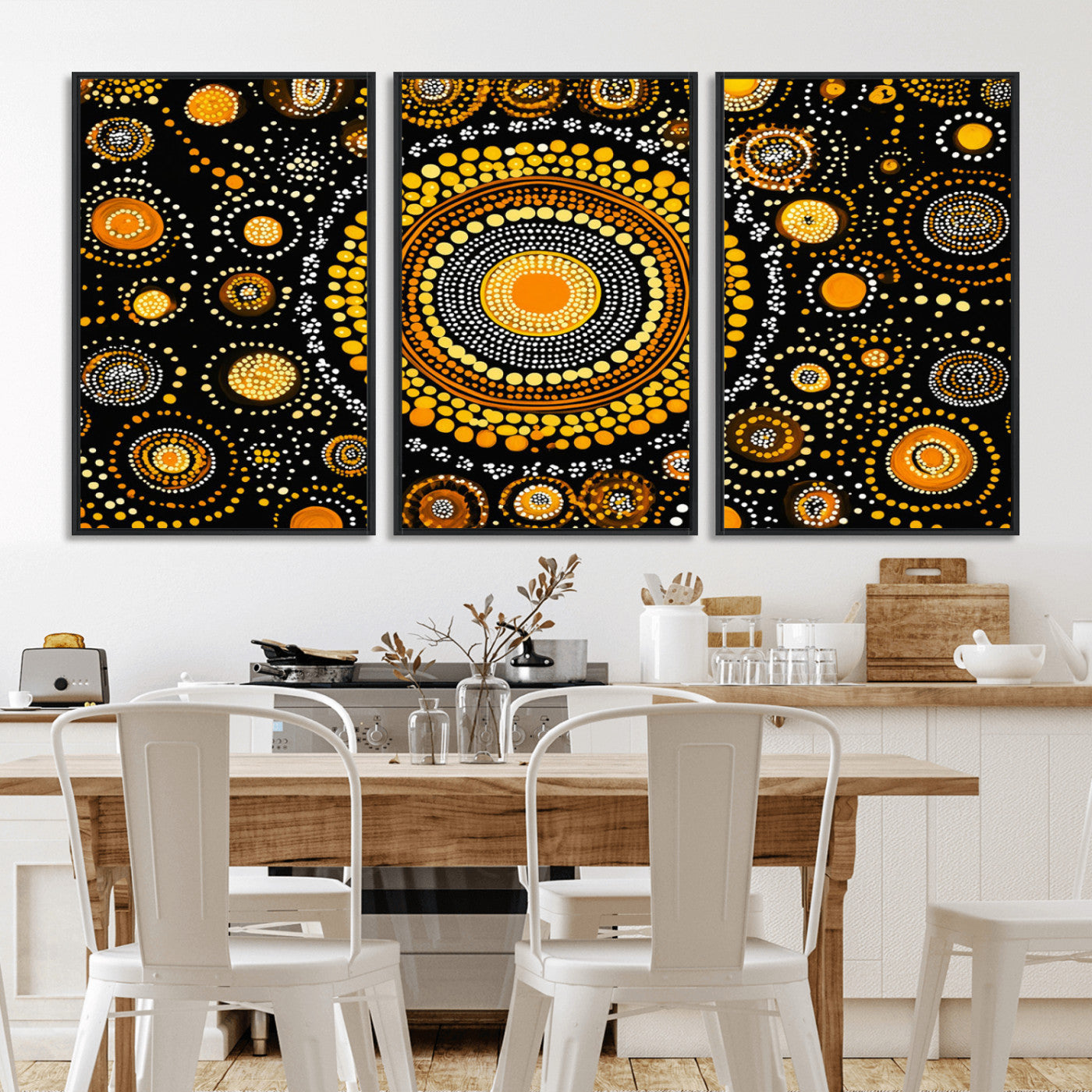 45478523-MGV-CV-36X24-Abstract Circle Wall Art – Bold Black and Gold Dot Painting Canvas Print, Modern Geometric Mandala Style Decor for Living Room or