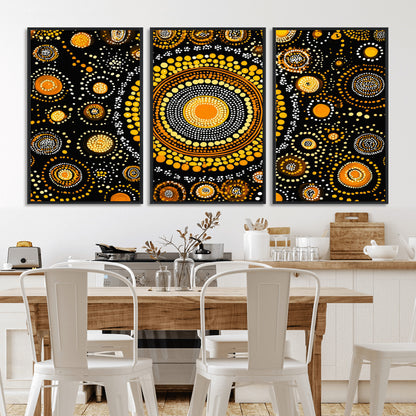45478523-MGV-CV-36X24-Abstract Circle Wall Art – Bold Black and Gold Dot Painting Canvas Print, Modern Geometric Mandala Style Decor for Living Room or