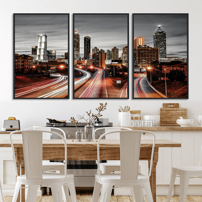 59097239-MGV-CV-36X24-City Skyline Wall Art – Modern Black and White Night Canvas Print with Red Light Trails, Urban Landscape Decor for Living Room or