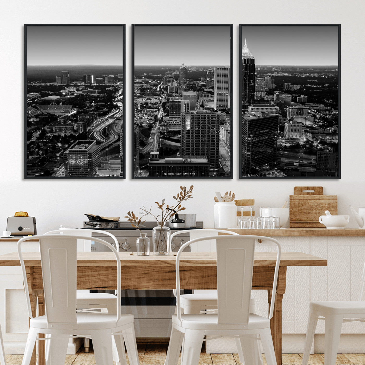46578567-MGV-FC-60X30-3P_Black-Atlanta Skyline Wall Art – Black and White Cityscape Canvas Print, Modern Urban Night Decor for Office, Living Room, or Apartment