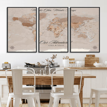 95243244-MGV-CV-36X24-Wander Often Wonder Always World Map Wall Art – Neutral Beige Adventure Canvas Print, Rustic Boho Travel Decor for Bedroom, Living