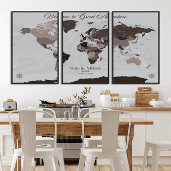 43749658-MGV-CV-36X24-Welcome to Great Adventure World Map Wall Art – Charcoal Gray Canvas Print, Rustic Travel Decor for Living Room, Study, Office or