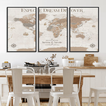 63516865-MGV-CV-36X24-Explore Dream Discover World Map Wall Art – Inspirational Travel Adventure Canvas Print, Neutral Parchment Style Explorer Decor