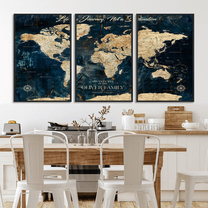 36970886-MGV-CV-36X24-Life is a Journey Not a Destination World Map Rustic Navy Beige Vintage Travel Wall Art Adventure Quote Canvas Print for Home