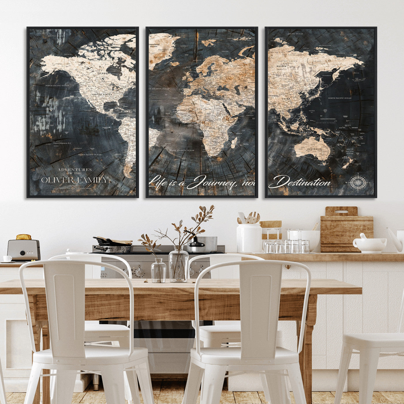 37848568-MGV-CV-36X24-Life is a Journey Not a Destination World Map Rustic Wood Texture Vintage Beige Navy Adventure Wall Art Canvas Print for Home