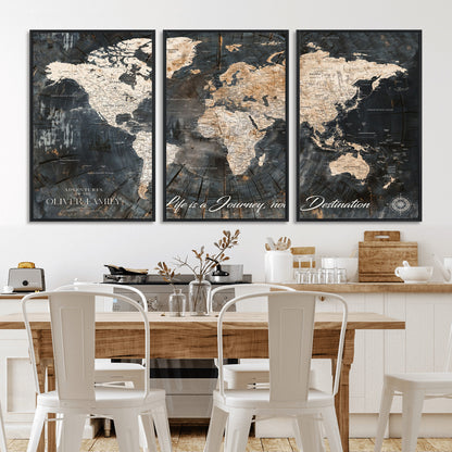 37848568-MGV-CV-36X24-Life is a Journey Not a Destination World Map Rustic Wood Texture Vintage Beige Navy Adventure Wall Art Canvas Print for Home