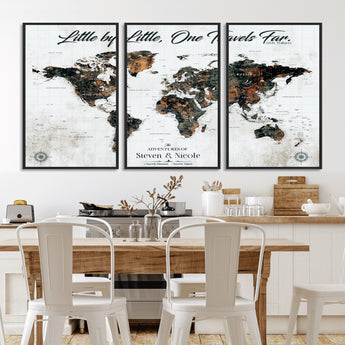 88337180-MGV-CV-36X24-Little by Little One Travels Far Tolkien Quote World Map Rustic Black Brown Adventure Wall Art Canvas Print for Home Office Living
