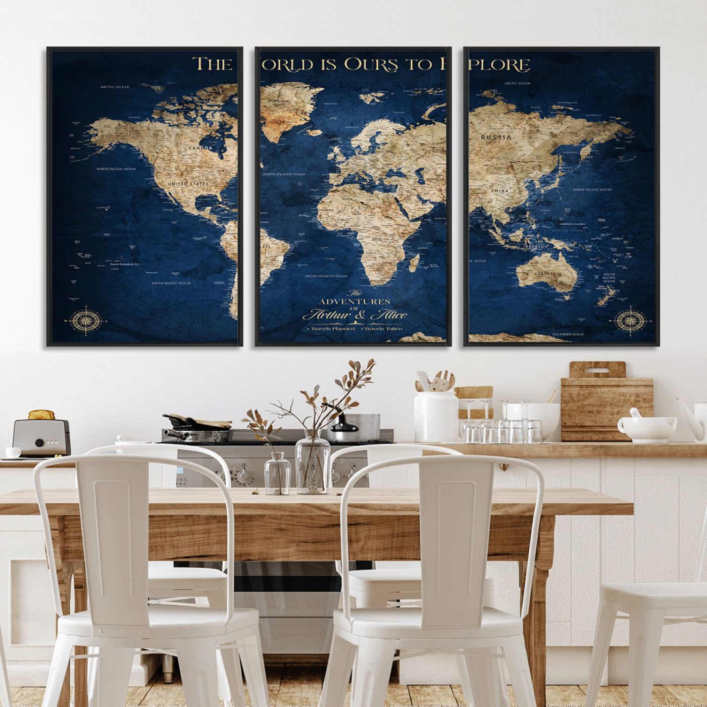54782997-MGV-CV-36X24-The World is Ours to Explore Wall Art – Blue World Map Canvas Print, Adventure Travel Decor for Home, Office or Living Room,