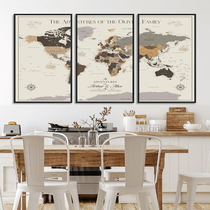 38723540-MGV-CV-36X24-Adventures of the Oliver Family Wall Art – Earth Tone World Map Canvas Print, Minimalist Travel Decor for Living Room, Bedroom or