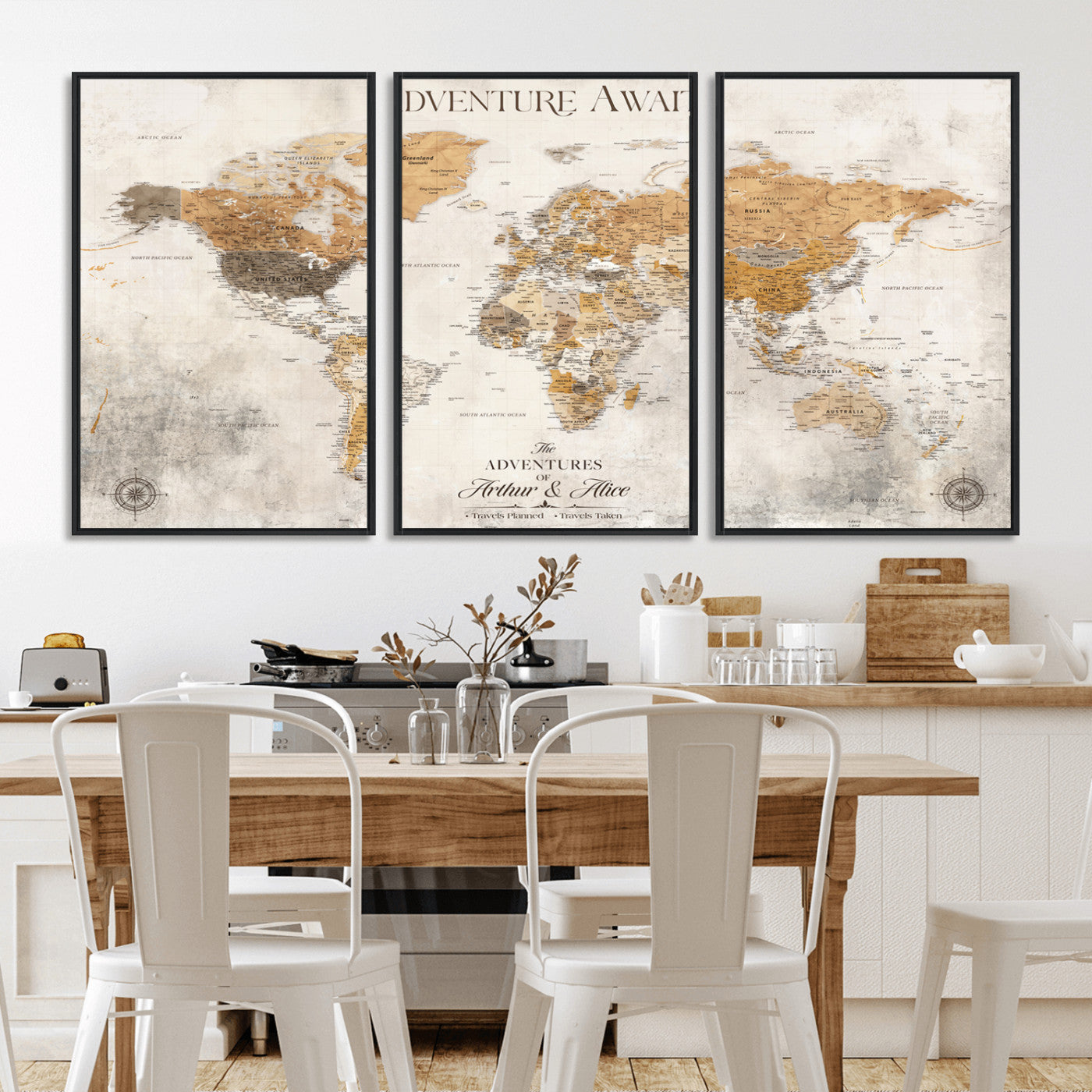 99422096-MGV-CV-36X24-Adventure Awaits World Map Wall Art – Neutral Beige Canvas Print, Modern Travel Inspired Wall Decor for Living Room, Bedroom or