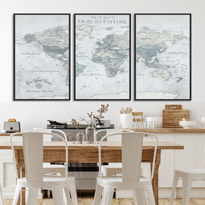 94249974-MGV-CV-36X24-Ours Explore World Map Wall Art – Modern Travel Canvas Print, Neutral Adventure Decor for Living Room, Office, Study, Bedroom,