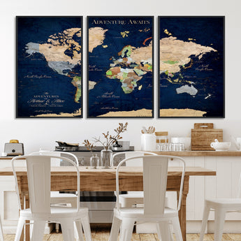 43160428-MGV-CV-36X24-Adventure Awaits Navy Blue World Map – Vibrant Travel Canvas Wall Art, Antique Atlas Print, Wanderlust Decor for Home Office