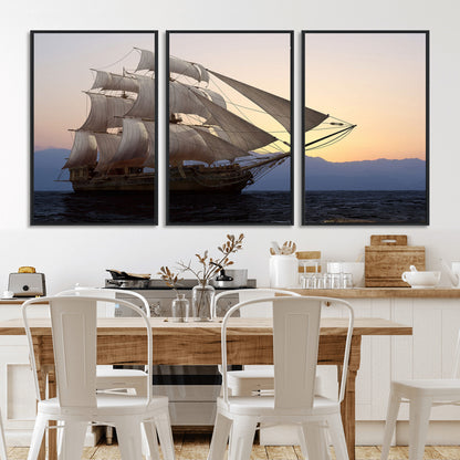 31270610-MGV-CV-36X24-Sailing Ship Wall Art – Sunset Seascape Canvas Print with Tall Ship at Sea, Nautical Ocean Decor for Living Room, Office, or