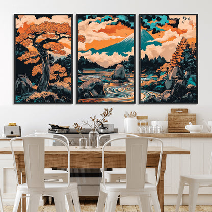 21638941-MGV-CV-36X24-Japanese Landscape Wall Art – Mount Fuji and Flowing River Ukiyo-e Style Canvas Print, Traditional Japan Inspired Artwork for