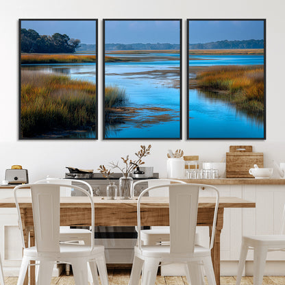 26300004-MGV-CV-36X24-Marshland Landscape Wall Art – Scenic Nature Canvas Print with Golden Grass and Blue Water, Peaceful River Photography for Living