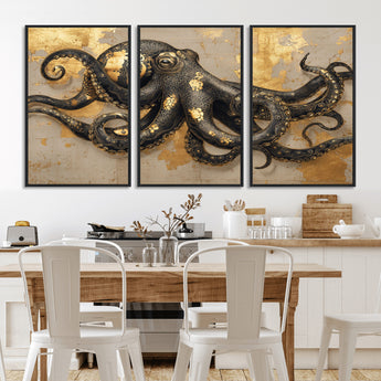 57944271-MGV-CV-36X24-Octopus Wall Art – Black and Gold Nautical Canvas Print, Modern Ocean Inspired Artwork with Elegant Detailing, Coastal Marine