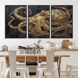 47056538-MGV-CV-36X24-Octopus Wall Art – Gold Nautical Canvas Print with Rustic Wood Texture, Marine Creature Artwork for Coastal Ocean Decoration in
