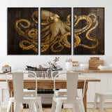 56769669-MGV-CV-36X24-Octopus Wall Art – Gold Nautical Canvas Print with Rustic Wood Panel Design, Detailed Marine Artwork for Coastal Ocean Decoration