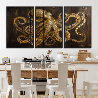 56769669-MGV-CV-36X24-Octopus Wall Art – Gold Nautical Canvas Print with Rustic Wood Panel Design, Detailed Marine Artwork for Coastal Ocean Decoration
