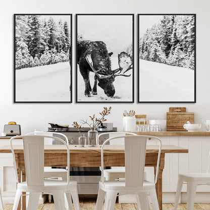38956835-MGV-FC-60X30-3P_Black-Moose Wall Art – Black and White Wildlife Canvas Print with Snowy Forest Road, Rustic Nature Photography for Cabin, Lodge, Living