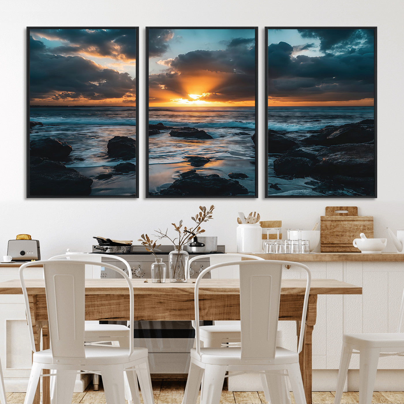 66040852-MGV-FC-60X30-3P_Black-Ocean Sunset Canvas Wall Art – Rocky Shore Waves, Dramatic Clouds, Golden Sun Rays, Coastal Nature, Serene Water Reflection for