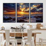 35900590-MGV-FC-60X30-3P_Black-Sunset Ocean Waves Canvas Wall Art – Rocky Shore, Dramatic Sky, Golden Sun Rays, Coastal Beauty, Serene Water Motion for Living