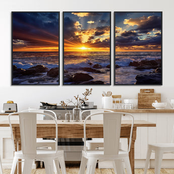 35900590-MGV-CV-36X24-Ocean Sunset Wall Art – Vivid Seascape Canvas Print with Sunburst Sky, Crashing Waves and Rocky Shore, Dramatic Coastal