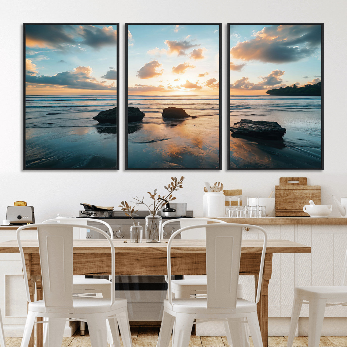 23879436-MGV-FC-60X30-3P_Black-Rocky Ocean Sunset Canvas Wall Art – Seaside Dramatic Seascape, Ocean Sunset Art Print for Coastal Modern Decor for Nature