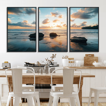 MGV-FC-60X30-3P - Ocean Sunset Wall Art – Serene Seascape Canvas Print with Golden Sky, Reflections on Sand and Calm Waves, Peaceful Coastal Photography for Home or Office