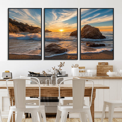 85659923-MGV-FC-60X30-3P_Black-Ocean Sunset Wall Art – Dramatic Seascape Canvas Print with Cliffs, Crashing Waves and Golden Sky, Bold Coastal Photography for