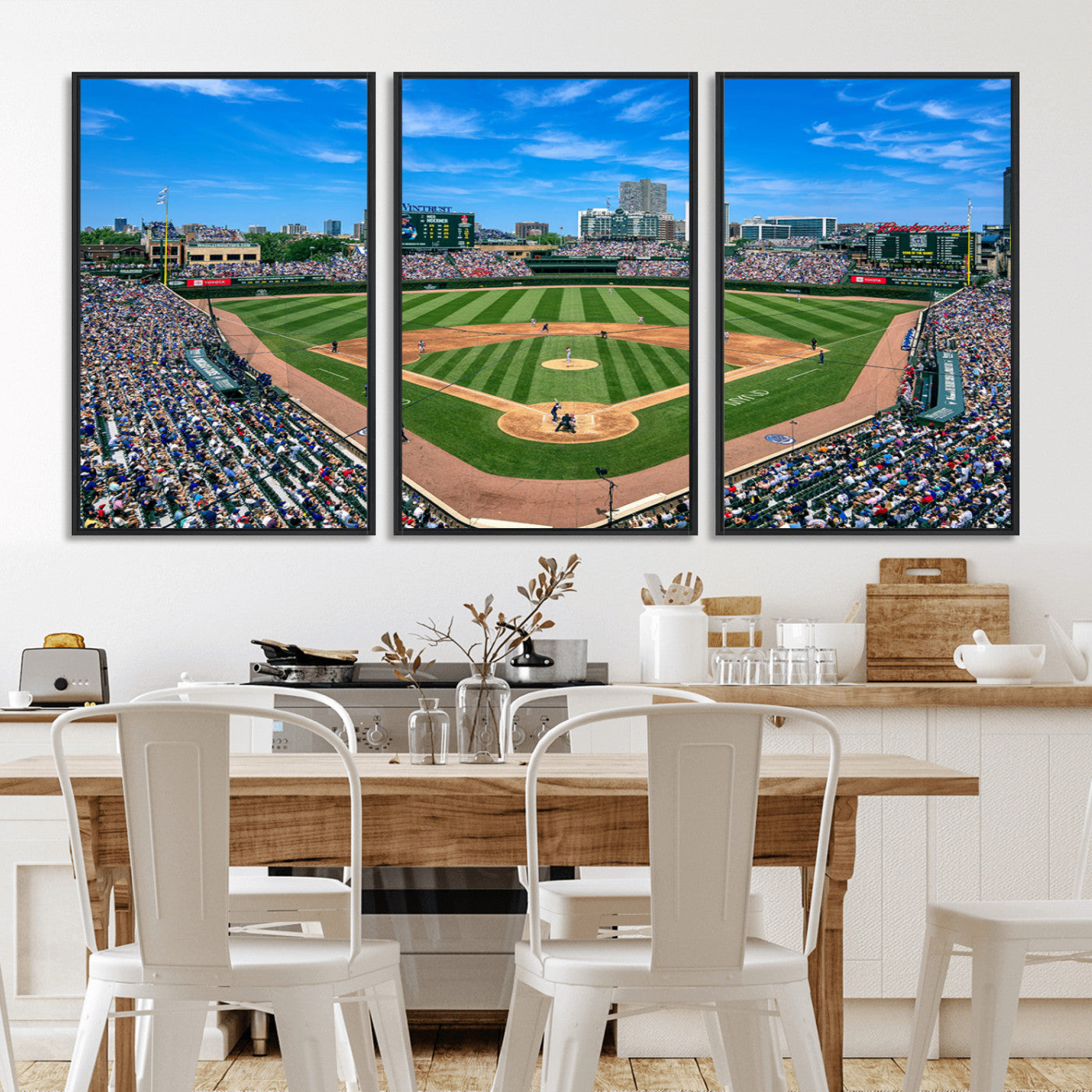 56213978-MGV-CV-36X24-Baseball Stadium Wall Art – Panoramic Ballpark Canvas Print with Fans, Green Field and City Skyline, Classic Sports Photography