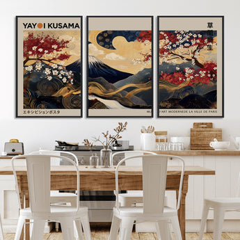 66892669-MGV-FC-60X30-3P_Black-Yayoi Kusama Japanese Inspired Canvas Print – Mt. Fuji & Floral Scene Wall Art, Framed Asian Style Canvas for Home, Office or