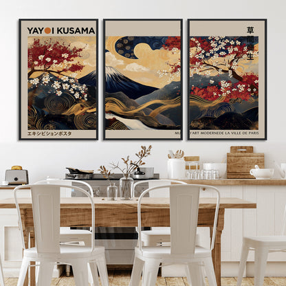 66892669-MGV-FC-60X30-3P_Black-Yayoi Kusama Japanese Inspired Canvas Print – Mt. Fuji & Floral Scene Wall Art, Framed Asian Style Canvas for Home, Office or