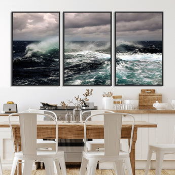 38622353-MGV-FC-60X30-3P_Black-Stormy Ocean Waves Canvas Wall Art – Framed Turbulent Sea Print, Large Nature Canvas for Coastal, Living Room, or Office Spaces
