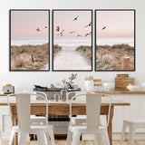 34632598-MGV-FC-60X30-3P_Black-Coastal Pathway Canvas Wall Art – Framed Seaside Landscape, Large Beach and Birds Canvas Print for Home, Office, or Living Room