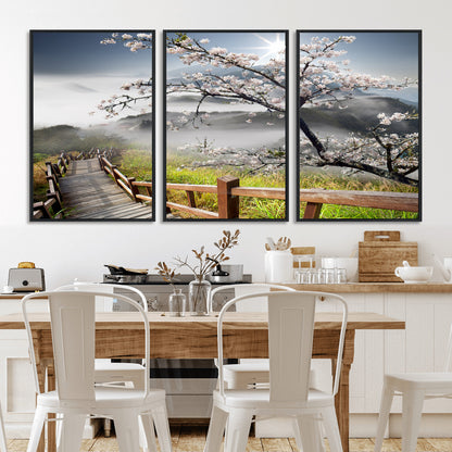 34632598CRY-MGV-CV-36X24-Cherry Blossom Wall Art – Scenic Asian Landscape Canvas Print with Wooden Walkway, Misty Mountains and Sunrise, Serene Nature