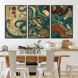 46837670-MGV-FC-60X30-3P_Black-Tsukioka Yoshitoshi Samurai Wall Art Print, Japanese Katana Warrior Canvas Wall Art, Octopus Sea Monster Canvas Print,