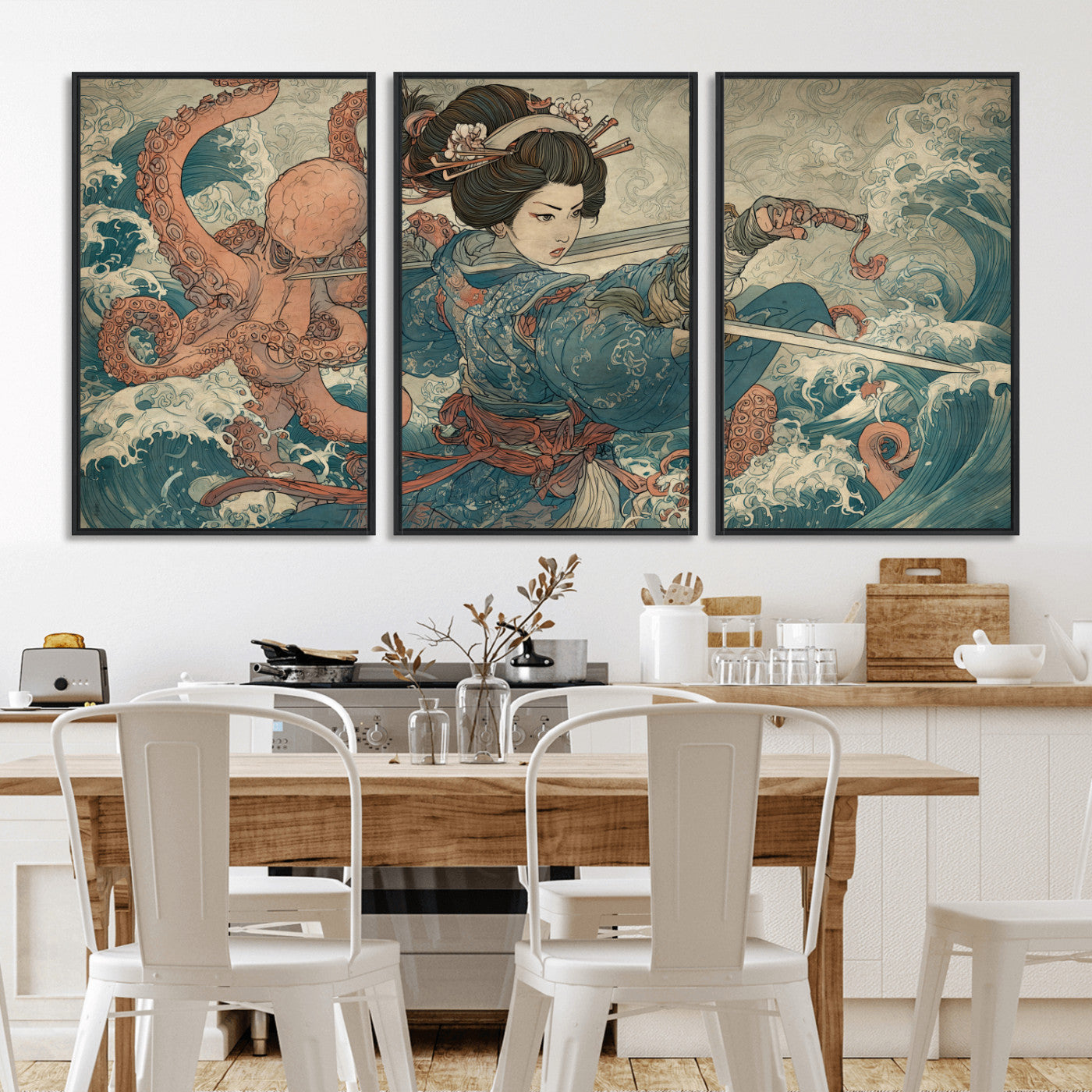 52037775-MGV-FC-60X30-3P_Black-Tsukioka Yoshitoshi Samurai Wall Art Print, Japanese Katana Warrior Canvas Wall Art, Octopus Sea Monster Canvas Print,