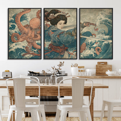 52037775-MGV-FC-60X30-3P_Black-Tsukioka Yoshitoshi Samurai Wall Art Print, Japanese Katana Warrior Canvas Wall Art, Octopus Sea Monster Canvas Print,